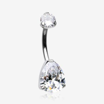 Implant Grade Titanium Internally Threaded Teardrop Prong Set Belly Button Ring-Clear Gem